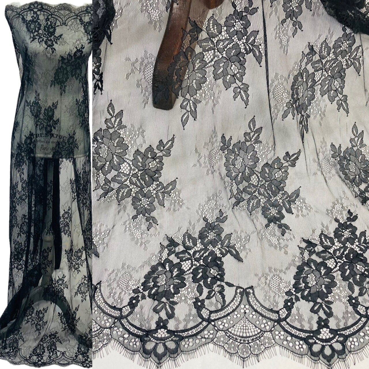 1 Panel Chantilly Embroidered Lace Fabric with Eyelash Scallop – White – 3 Yards x 52"